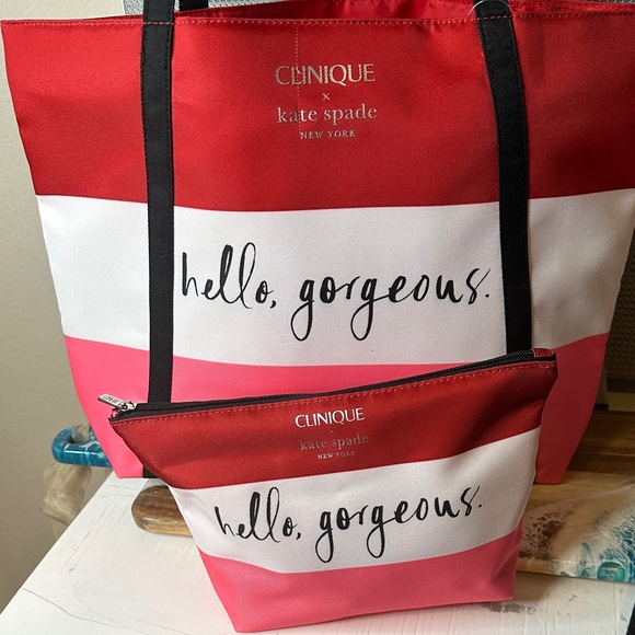 kate spade Handbags - Kate Spade Red and Pink Striped Tote Set